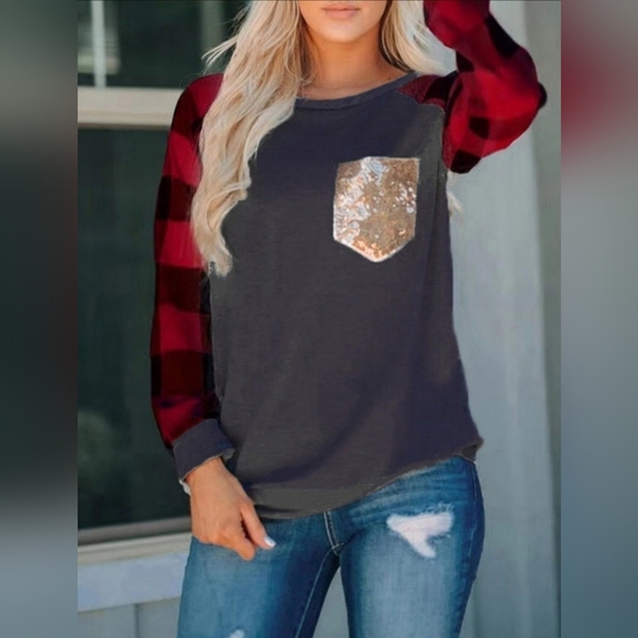 "NEW" Bling Pocket Women's Buffalo Plaid Top - Picture 1 of 9